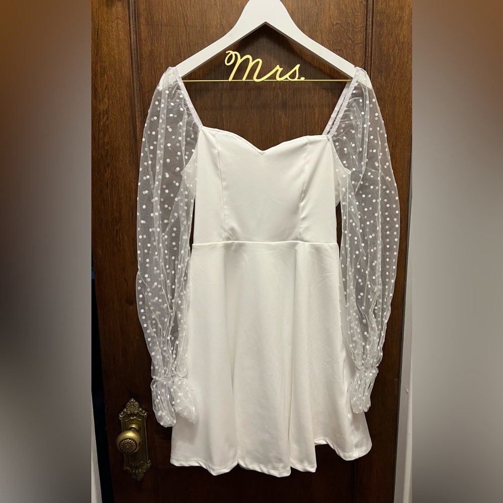 Women’s polka dot mesh long sleeve A-line white dress